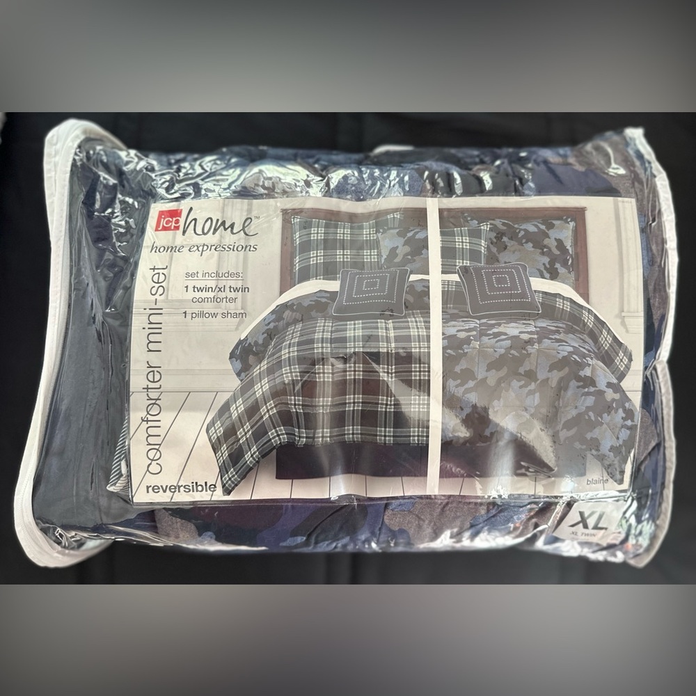 JCP Home Expressions, Reversible Comforter Set, Twin XL, Navy Blue Camo/Plaid